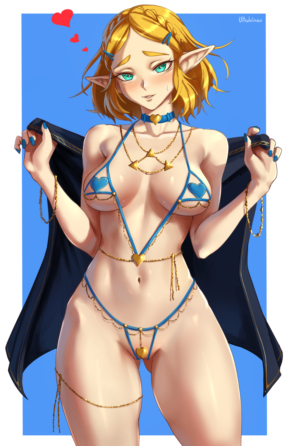 1girl 1girl alluring bikini blonde_hair blush braid cape cleavage collarbone commentary elf english_commentary gluteal_fold green_eyes hair_ornament hairclip heart high_res jewelry legs long_hair looking_at_viewer medium_breasts micro_bikini nail_polish navel nintendo partially_visible_vulva pointy_ears princess_zelda shiny_skin short_hair smile spoken_heart standing sweat swimsuit the_legend_of_zelda the_legend_of_zelda:_tears_of_the_kingdom thigh_gap thighs ultrabinou venus_bikini