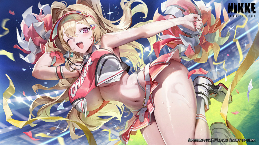 1girl 1girl belt belt_buckle big_breasts blonde_hair breasts buckle cheerleader clay_(nikke) commentary confetti english_commentary field gesoking goddess_of_victory:_nikke high_res light long_hair looking_at_viewer midair navel night official_art one_eye_closed open_mouth pink_eyes pink_nails pom_pom_(cheerleading) shoes smile sneakers sweat teeth thick_thighs thighs tongue upper_teeth_only visor_cap white_belt white_footwear