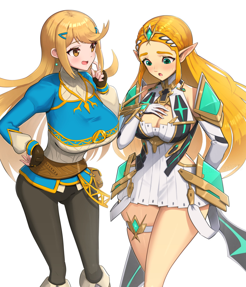 1girl 2_girls blonde_hair blush cleavage clothed company_connection cosplay costume_switch crossover embarrassed gold_eyes gonzarez green_eyes huge_breasts light-skinned_female light_skin long_hair mythra mythra_(xenoblade) mythra_(xenoblade)_(cosplay) nintendo outfit_swap pointy_ears princess_zelda princess_zelda_(cosplay) tagme the_legend_of_zelda the_legend_of_zelda:_tears_of_the_kingdom thick_thighs xenoblade_(series) xenoblade_chronicles_2