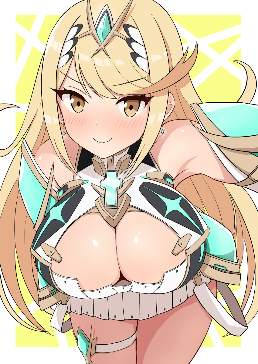 1girl absurd_res alluring bare_shoulders big_breasts blonde_hair cleavage dress headpiece high_res leaning_forward light_blush long_hair looking_at_viewer mythra nintendo short_dress smile thigh_strap white_dress xenoblade_(series) xenoblade_chronicles_2 yoshikirino