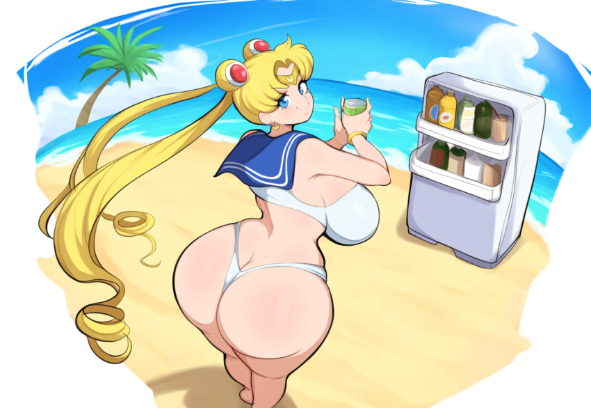 1girl afrobull_(style) ai_generated bikini bishoujo_senshi_sailor_moon blonde_hair curvaceous dat_ass female fridge huge_ass huge_breasts mullon novelai sailor_moon solo summer usagi_tsukino voluptuous voluptuous_female