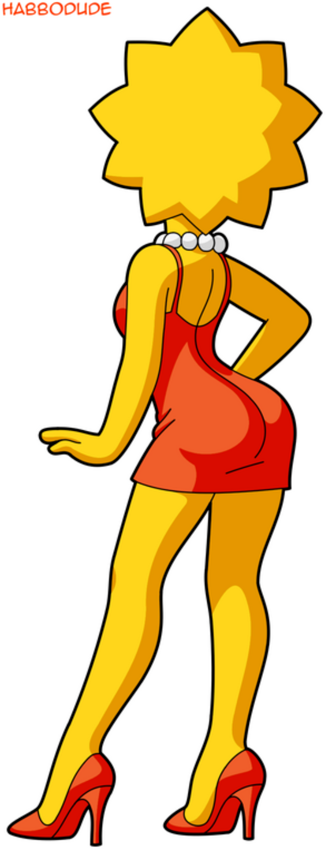 1girl aged_up ass back_view bare_shoulders big_ass blonde_hair dress female_focus female_solo habbodude hand_on_own_hip high_heels jewelry lisa_simpson long_legs necklace pearl_necklace red_dress sexy short_dress short_hair simple_background the_simpsons wide_hips