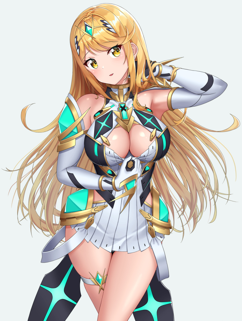 1girl alluring bare_legs big_breasts blonde_hair cleavage clothes mythra nintendo pin_up sssemiii xenoblade_(series) xenoblade_chronicles_2 yellow_eyes