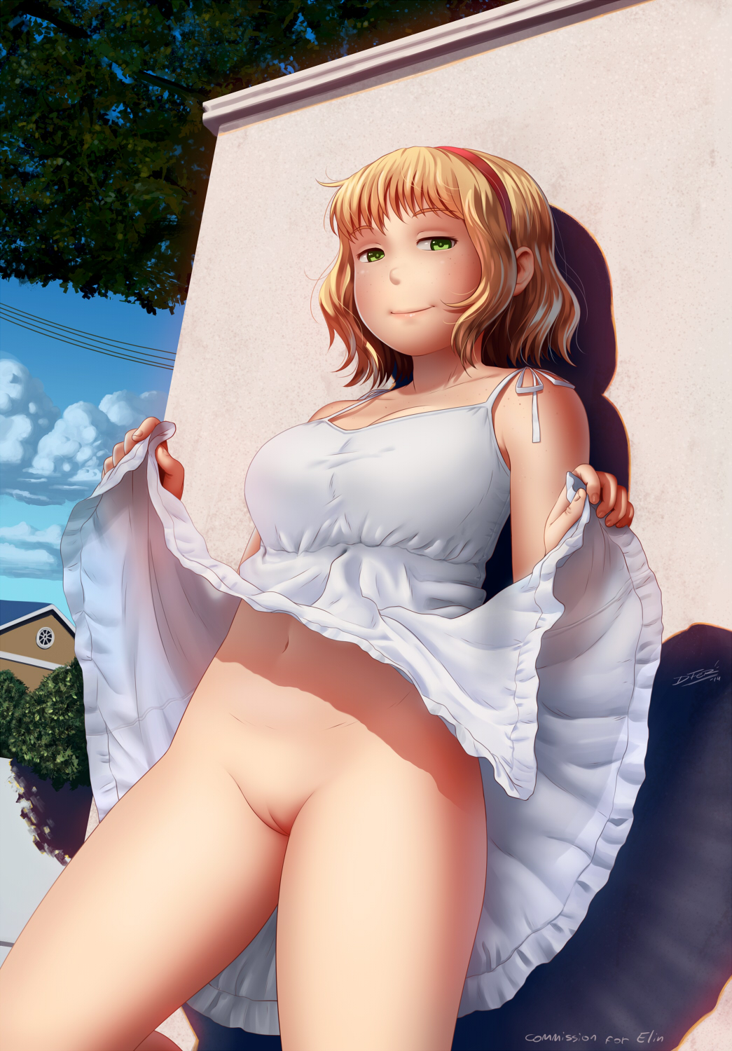 1girl bare_shoulders big_breasts blonde_hair breasts cleavage commission dress dress_lift flashing freckles green_eyes hairband human idfer looking_at_viewer no_panties presenting_pussy pussy short_hair smile standing