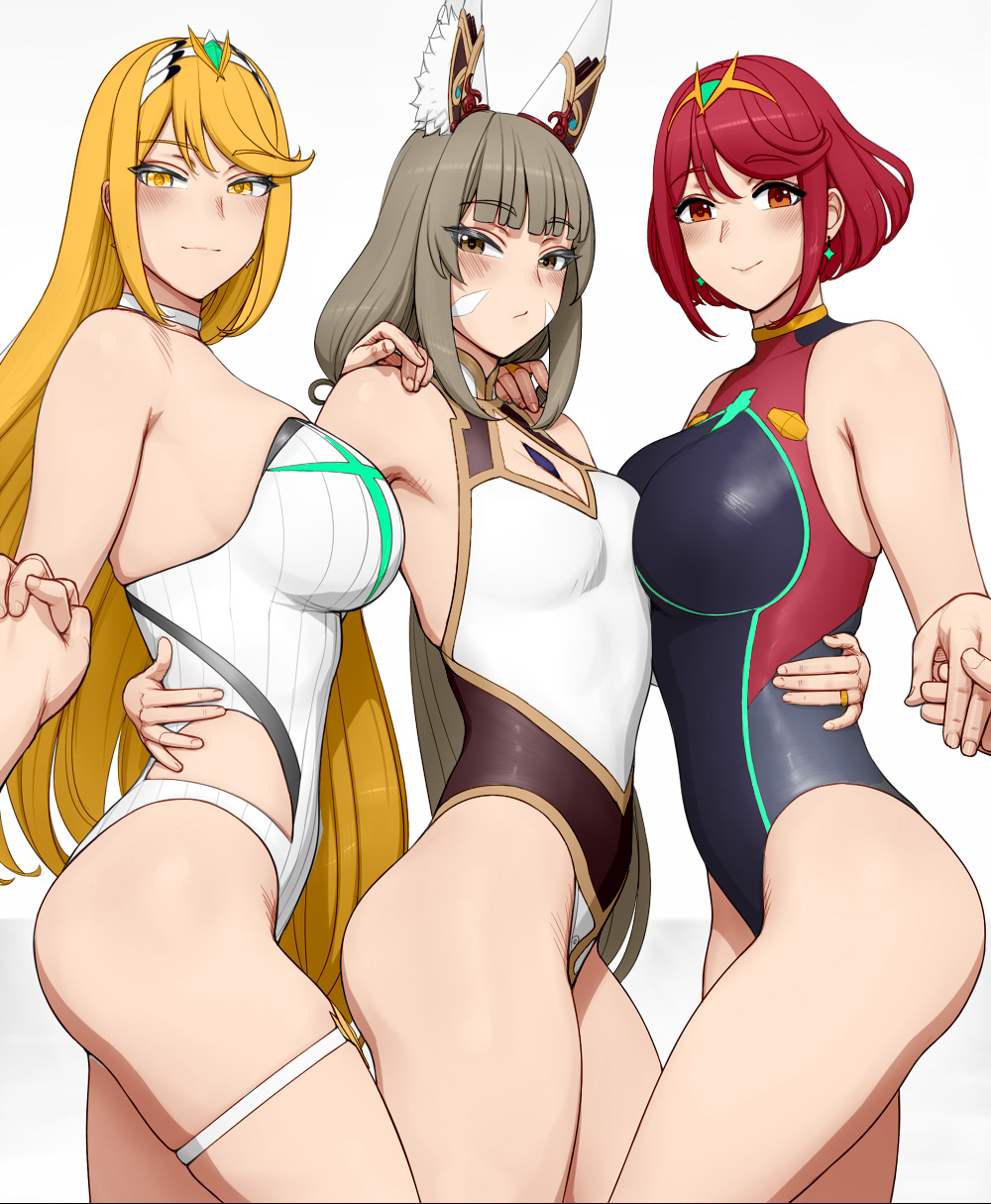 3_girls alluring bare_legs big_breasts bikini blonde_hair brown_eyes colored highleg_bikini long_hair lvl_(sentrythe2310) medium_breasts mythra nia_(blade)_(xenoblade) nia_(xenoblade) nintendo one-piece_bikini posing pyra red_eyes short_hair silver_hair xenoblade_(series) xenoblade_chronicles_2 yellow_eyes