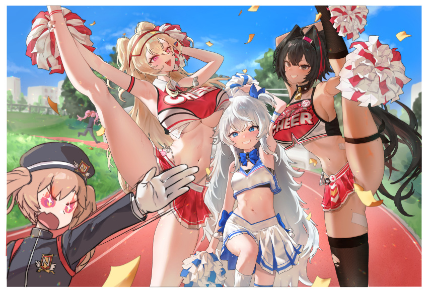 +_+ 5girls :d ahoge armpits bandaid bandaid_on_leg bay_(nikke) beret big_breasts black_hair black_socks black_sports_bra black_thighhighs blonde_hair blue_bow blue_bowtie blue_eyes blue_ribbon blue_skirt blush bowtie breasts brown_eyes brown_hair cheerleader clay_(nikke) collar crop_top dark-skinned_female dark_skin facial_tattoo gakuran gloves goddess_of_victory:_nikke grin hair_intakes hair_ornament hair_ribbon hairband hairclip hat leg_lift long_hair looking_at_viewer midriff miranda_(nikke) mole mole_on_breast mole_on_stomach mole_under_mouth multicolored_hair multiple_girls navel official_alternate_costume open_mouth ouendan pink_eyes pink_hair pisik poli_(cheer_up_police)_(nikke) poli_(nikke) pom_pom_(cheerleading) ponytail quiry_(nikke) red_hair red_shirt red_skirt ribbon school_uniform shirt shoes short_twintails sidelocks single_thighhigh skirt small_breasts smile sneakers socks spiked_collar spikes split sports_bra standing standing_on_one_leg standing_split star_tattoo stockings streaked_hair tan tan_line tattoo thigh_strap torn_clothes torn_thighhighs twin_tails two-tone_shirt two-tone_skirt under_boob very_long_hair visor_cap wavy_hair whistle whistle_around_neck white_gloves white_hair white_skirt white_socks