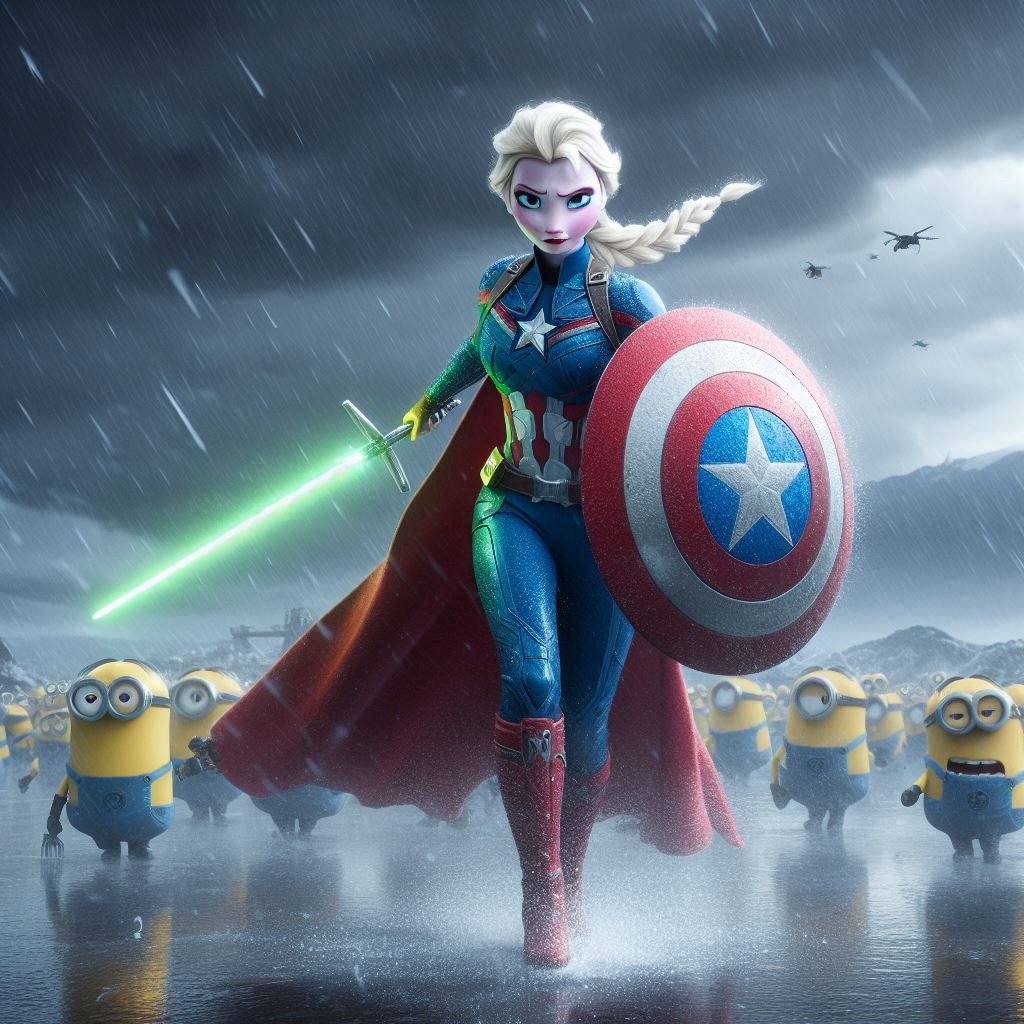 ai_generated badass blonde blonde_female blonde_hair braid cape captain_america_(cosplay) captain_america_(series) captain_america_shield cloudy_sky crossover elsa elsa_(frozen) frozen_(movie) jedi lightsaber long_hair minions_(character) rain red_cape shield sky sword weapon