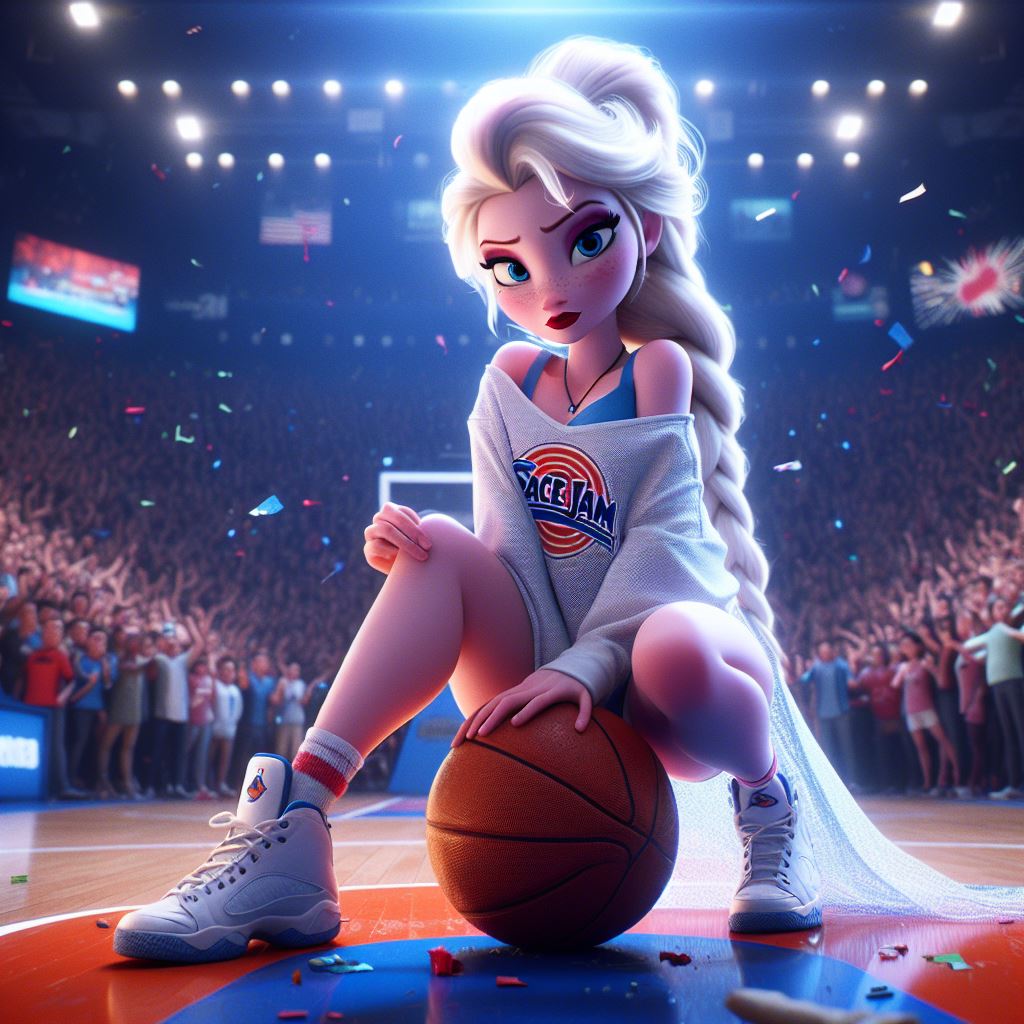 ai_generated basketball basketball_(ball) basketball_court basketball_stadium blonde blonde_female blonde_hair braid elsa elsa_(frozen) eye_makeup frozen_(movie) lipstick lock long_hair looking_at_viewer makeup necklace red_lipstick serious_face tennis