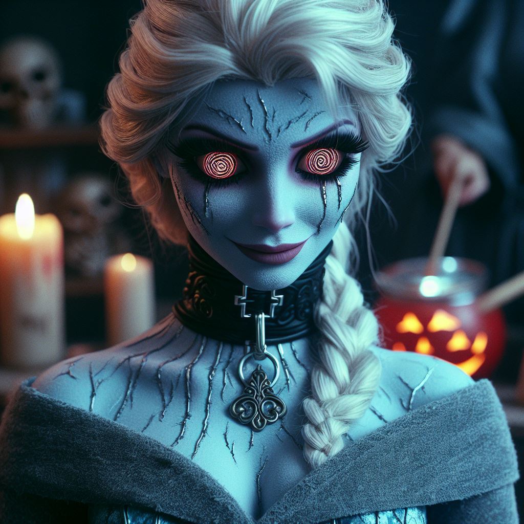 ai_generated blonde blonde_female blonde_hair braid braided_hair choker crucifix disney dress elsa_(frozen) evil_eyes evil_smile frozen_(movie) goth gothic lipstick long_hair makeup pale-skinned_female pale_skin red_lipstick spiral_eyes