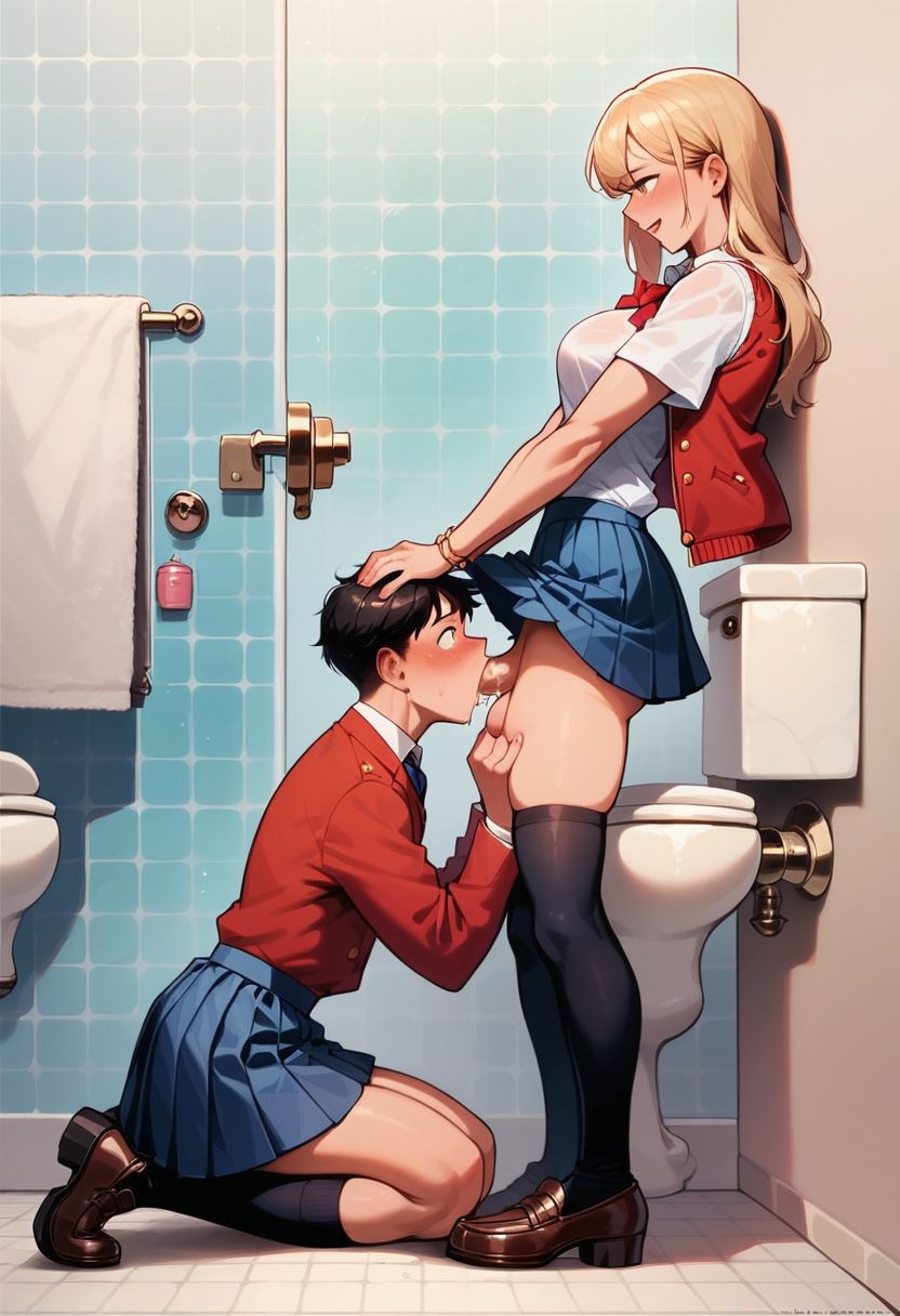 ai_generated blonde_hair crossdressing fellatio futanari futanari_on_male head_grab school_uniform schoolgirl skirt stable_diffusion toilet