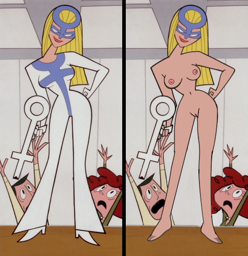 blonde blonde_female blonde_hair bodysuit breasts edit edited femme_fatale_(ppg) heeled_shoes high_heels long_hair masked_female nipples nude nude_edit nude_female pink_nipples powerpuff_girls pussy