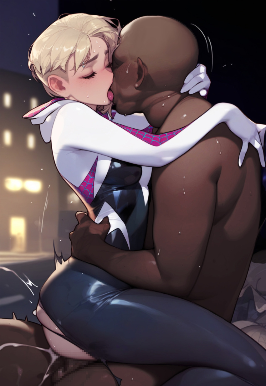 blonde_hair cum cum_inside cum_overflow dark-skinned_male eyebrow_piercing gwen_stacy interracial kissing light-skinned_female marvel short_hair spider-gwen spider-man:_into_the_spider-verse superheroine sweat sweating tight_bodysuit torn_bodysuit torn_clothes