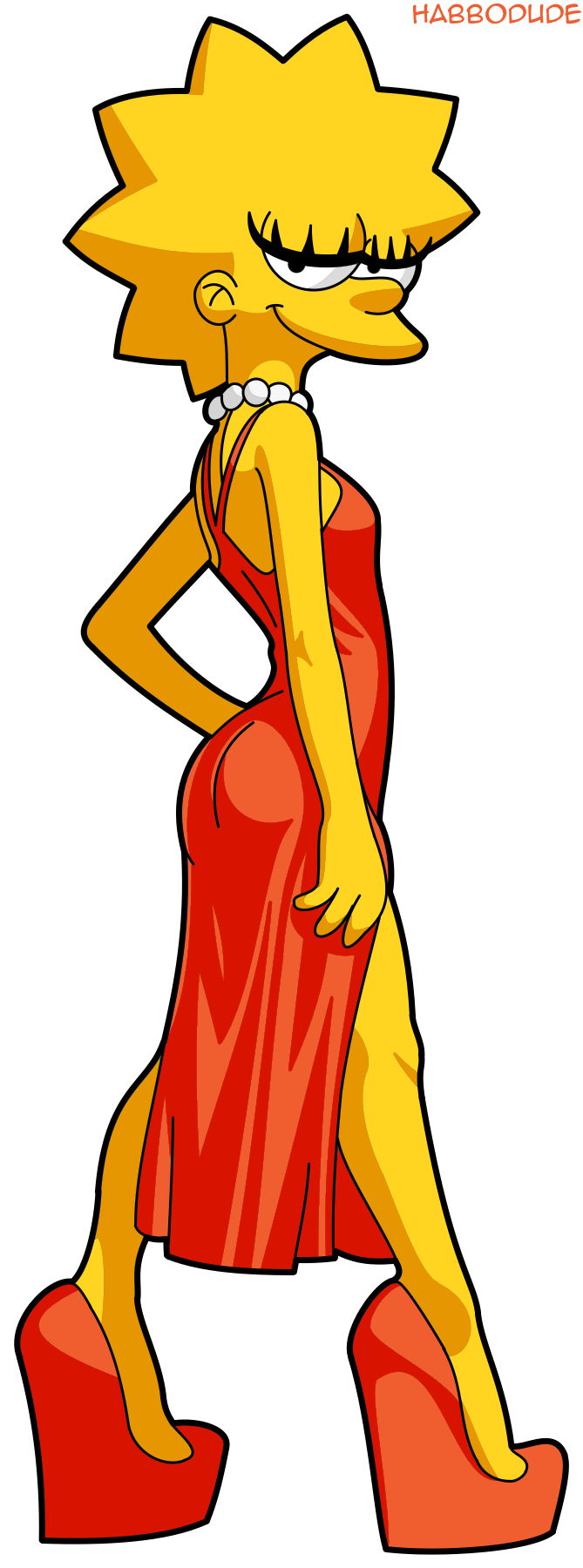 1girl aged_up ass bare_arms bare_shoulders bedroom_eyes blonde_hair breasts dress female_focus female_solo habbodude high_heels high_res jewelry lisa_simpson long_dress long_legs naughty_face necklace pearl_necklace platform_footwear platform_heels seductive_smile short_hair simple_background spiked_hair the_simpsons white_background yellow_skin