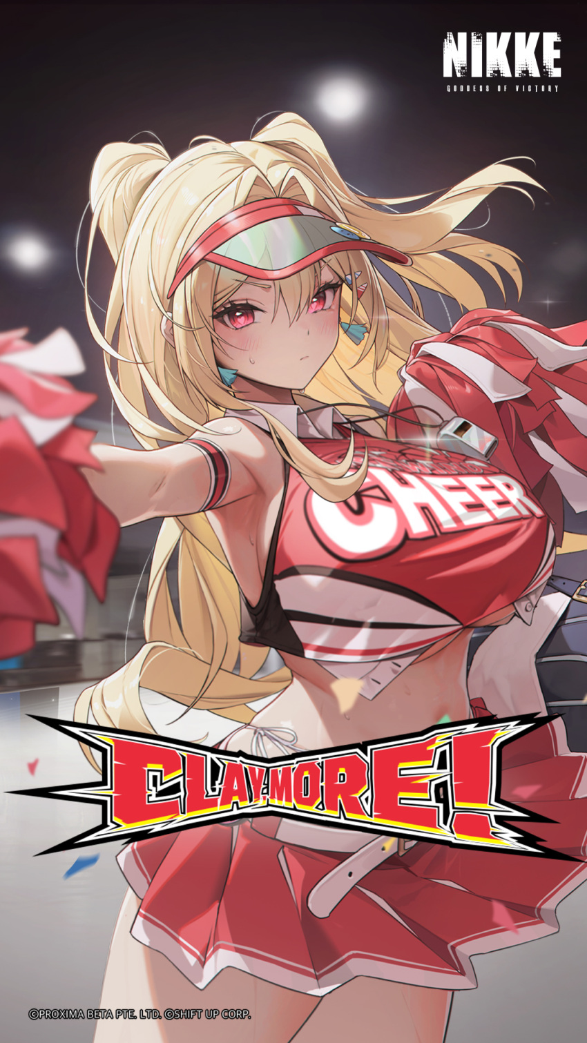 1girl bare_shoulders blonde_hair blush breasts cheerleader clay_(nikke) crop_top facing_viewer goddess_of_victory:_nikke hair_intakes high_res huge_breasts long_hair looking_at_viewer official_art pleated_skirt pom_pom_(cheerleading) red_skirt serious skirt thick_thighs thighs under_boob visor_cap