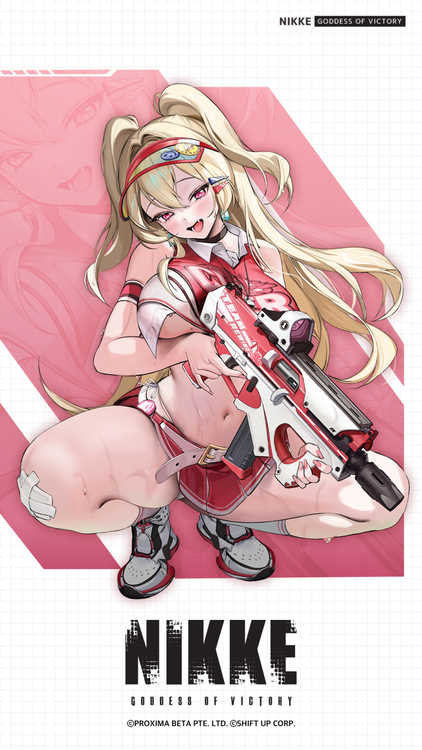 1girl big_breasts blonde_hair blush breasts cheerleader clay_(nikke) crop_top curvy full_body goddess_of_victory:_nikke hair_intakes high_res holding holding_weapon long_hair looking_at_viewer miniskirt navel official_art open_mouth pleated_skirt red_skirt shoes skirt smile sneakers spread_legs squatting sweat thong title twin_tails under_boob very_long_hair very_sweaty visor_cap weapon wide_hips