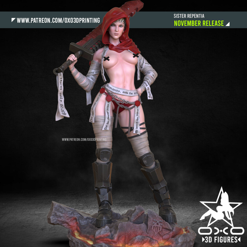 3d 3d_(artwork) 3d_model armored_boots artist_request bandaged_arm bandaged_leg bandages bandages_on_arms bandages_on_legs bandaids_on_nipples bare_midriff breasts chainsword covered_nipples figurine hand_on_hip hood miniatures oxo3d_printing panties red_hood red_panties red_scarf ropes scarf semi_nude short_hair sister_of_battle sister_repentia sword warhammer_(franchise) warhammer_40k