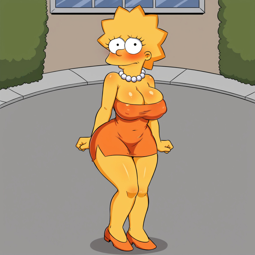 aged_up ai_generated big_breasts black_eyes blush breasts dress embarrassed female_focus lisa_simpson pearl_necklace spike_hair the_simpsons yellow_skin younger_female zakvar