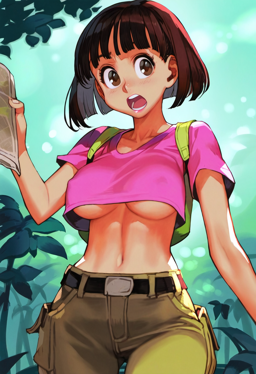 aged_up backpack belt blush breasts brown_eyes brown_hair dora_marquez dora_the_explorer female_focus forest map nature nickelodeon open_mouth shirt short_hair short_shorts