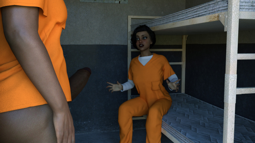 1futa 1girl 1girl1futa 3d dark-skinned_female dark-skinned_futanari dark_skin dickgirl futanari green_eyes penis prison prison_cell prison_uniform prisoner spodvohomg surprised