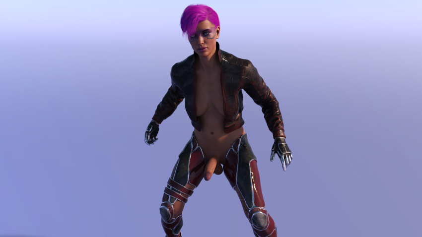 1futa 1girl 3d cyber_eye cybernetics cyberpunk dickgirl futa_only futanari penis pink_hair simple_background solo_futa spodvohomg