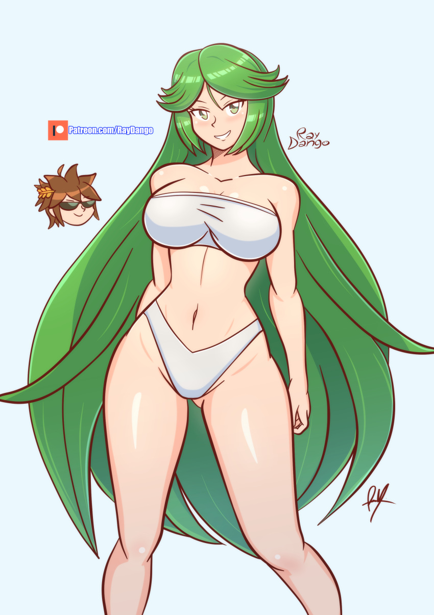 1girl 1girl alluring alternate_costume big_breasts bikini cleavage green_eyes green_hair kid_icarus male nintendo palutena pit raydango swimsuit