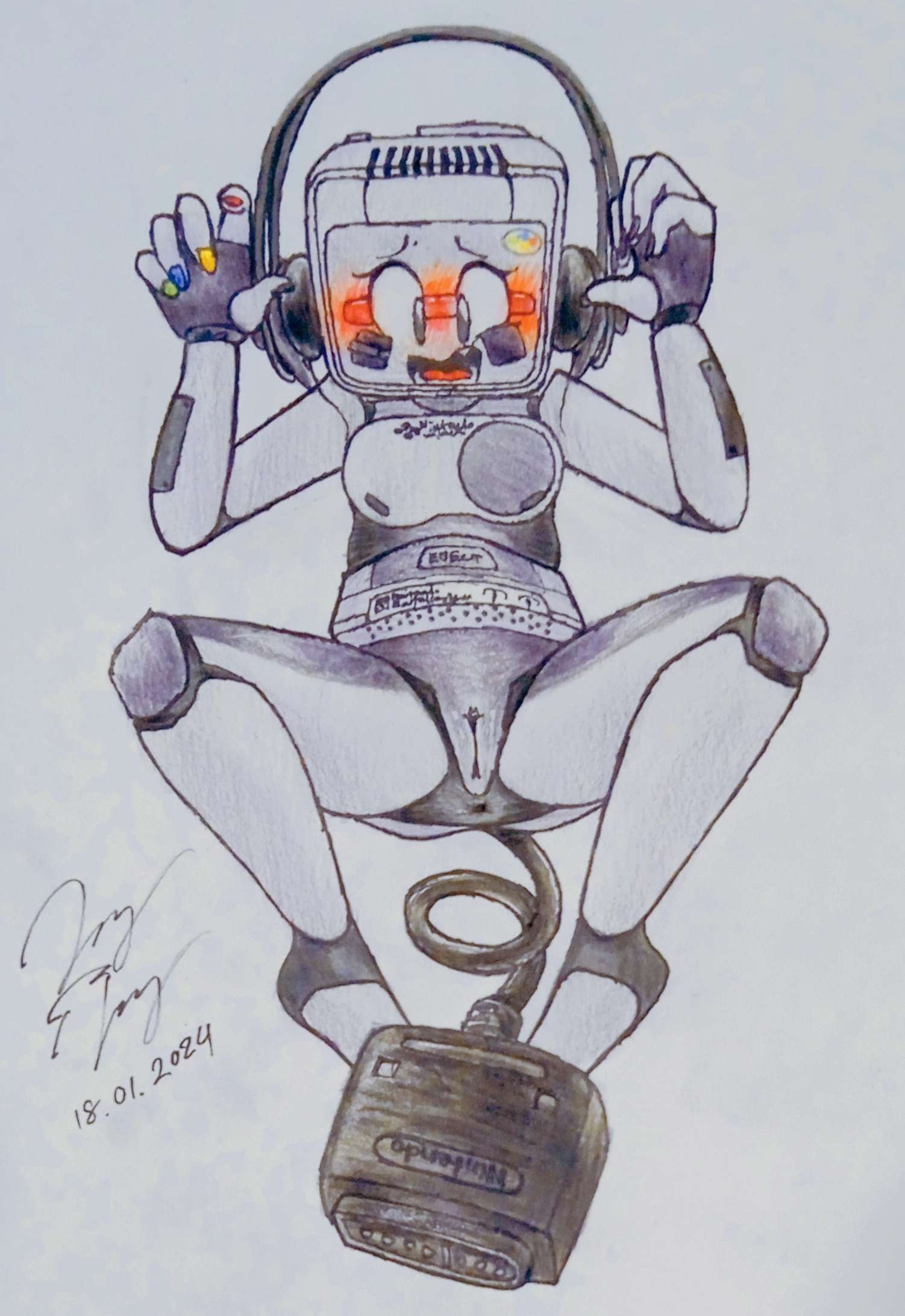 1girl 2024 alternate_version_available anus black_eyes blush famiko fang headphones joy_tay legs_spread looking_down nintendo nude open_mouth original_character pussy robot robot_girl robot_humanoid super_famicom super_nintendo_entertainment_system tail traditional_art worried