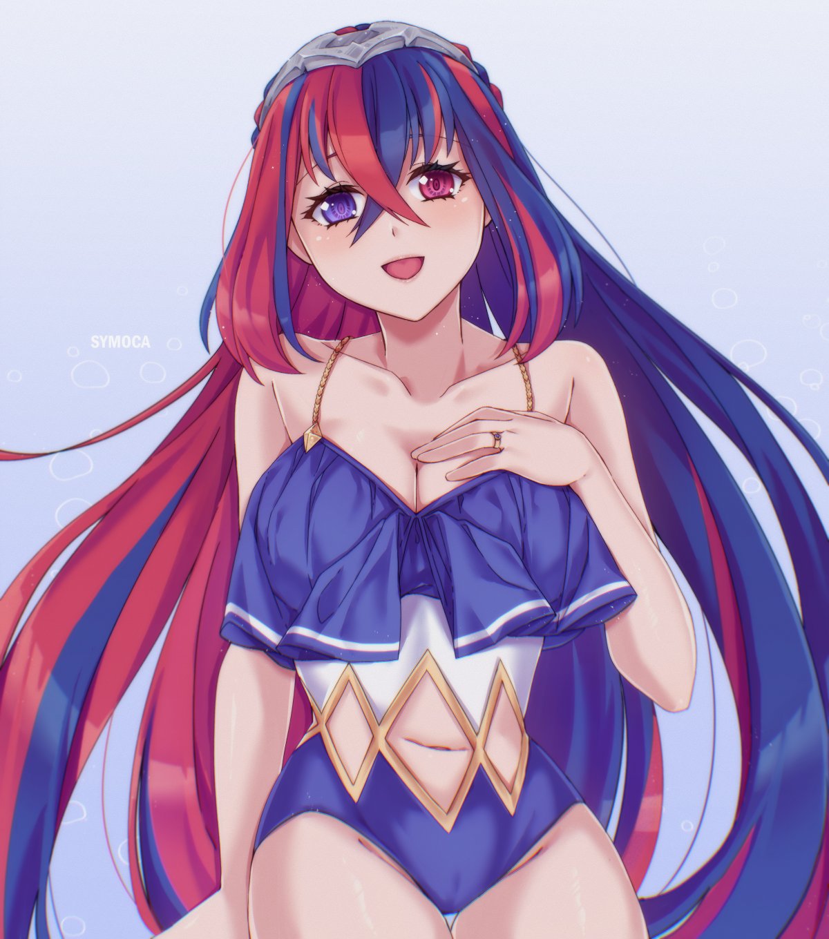 1girl alear_(female)_(fire_emblem) alear_(fire_emblem) alluring bikini blue_one-piece_swimsuit blue_swimsuit female_only fire_emblem fire_emblem_engage looking_at_viewer medium_breasts nintendo one-piece_swimsuit open_mouth swimsuit symoca