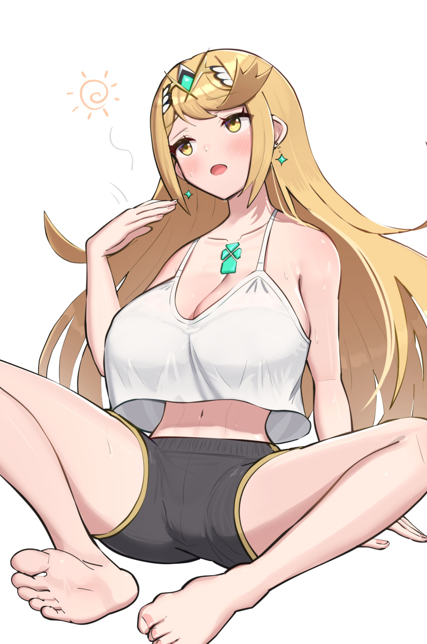 1girl alluring bare_feet bare_legs barefoot big_breasts blonde_hair core_crystal fanning_self feet gold_eyes gonzarez high_res light-skinned_female light_skin long_hair mythra nintendo short_shorts shorts soles sportswear sweat sweaty_body tank_top xenoblade_(series) xenoblade_chronicles_2