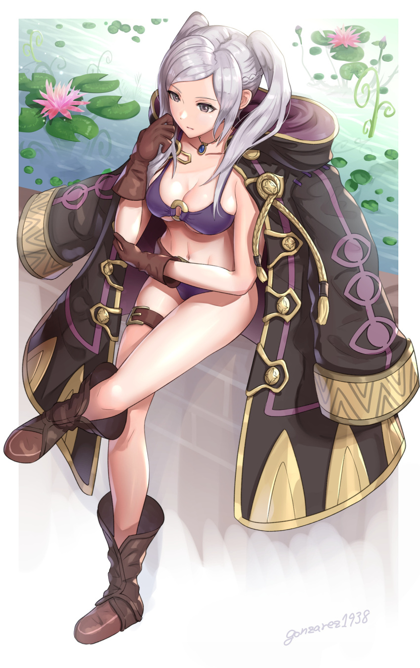 1girl alluring bare_legs big_breasts bikini boots brown_eyes brown_footwear brown_gloves cleavage coat coat_on_shoulders crossed_legs female_protagonist fire_emblem fire_emblem_awakening fire_emblem_heroes gloves gonzarez gonzarez1938 high_res jewelry lily_pad navel necklace nintendo purple_bikini purple_swimsuit robin_(fire_emblem) robin_(fire_emblem)_(female) silver_hair sitting stomach swimsuit thigh_strap twin_tails water white_hair