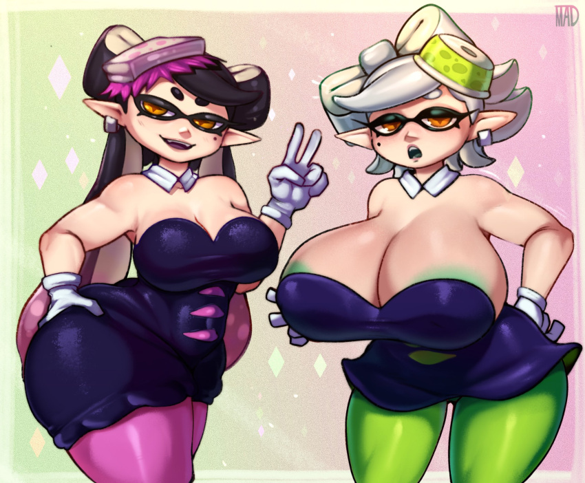 +_+ 2_girls accessory alluring areola areola_peek areola_slip beauty_mark big_ass black_hair bottom_heavy breast_size_difference bubble_butt callie_(splatoon) cleavage clothed clothing cross_pupils dat_ass detached_collar domino_mask dress duo ear_piercing earrings female_only gloves green_areola hair hair_accessory hair_ornament half-closed_eyes hand_on_ass hand_on_own_ass handwear hoop_earrings huge_ass humanoid_pointy_ears inkling long_hair looking_at_viewer madheaven marie_(splatoon) mask mask_(marking) mole mole_under_eye multicolored_hair multiple_girls narrowed_eyes nintendo open-mouth_smile open_mouth open_smile orange_eyes piercing pointy_ears pseudo_clothing purple_hair seductive seductive_look seductive_smile sexy sexy_ass sexy_body sexy_breasts short_hair smile smiling_at_viewer splatoon splatoon_(series) squid_sisters standing symbol-shaped_pupils tentacle_hair thicc thick thick_ass thick_thighs thighs three-quarter_portrait top_heavy two_tone_hair v v_sign white_gloves white_hair white_handwear wide_hips