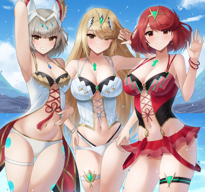 3_girls alluring big_breasts bikini_bottom bracelet bracelets cat_ears catgirl core_crystal doiparuni grin grinning leg_strap midriff mythra mythra_(xenoblade) nia nia_(xenoblade) nintendo pyra pyra_(xenoblade) small_breasts swimsuit thigh_strap waving waving_at_viewer xenoblade_(series) xenoblade_chronicles_2