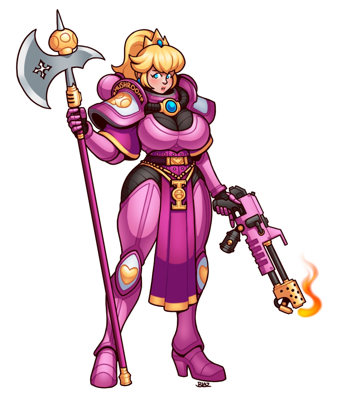 adepta_sororitas armor armored_boots armored_gloves axe battle_axe big_breasts blazbaros blazbaros_(artist) blonde blonde_female blonde_hair blue_eyes crown flamethrower helmet_removed jewelry nintendo pink_armor pink_clothing ponytail prayer_beads princess_peach shoulder_armor sister_of_battle warhammer_(franchise) warhammer_40k weapon