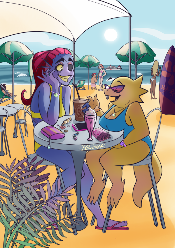 1girl 2_girls 2d 2d_(artwork) alphys anthro anthro_focus anthro_only artist_name ass beach big_breasts blue_body blue_skin breast_size_difference breasts buckteeth canon_couple chair chubby chubby_anthro chubby_female couple deviantart digital_media_(artwork) dinosaur dinosaur_girl duo duo_focus ear_fins eyepatch female_anthro female_focus fins fish fish_girl flip_flops glasses hair head_fins lizard lizard_girl lizard_tail long_hair marine medium_breasts midluuna monster monster_girl nipples no_sex non-mammal_breasts outside ponytail pussy red_hair red_ponytail reptile reptile_girl reptile_tail scalie sea sharp_teeth shortstack sitting sitting_on_chair sky slit_pupils source_request swimsuit swimwear table tail talking talking_to_another teeth undertale undertale_(series) undyne video_game_character video_games yellow_body yellow_sclera yellow_skin yellow_teeth yuri