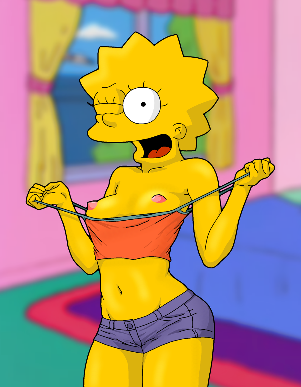 1girl aged_up bare_midriff bare_shoulders blonde_hair evilweazel female_focus high_res lisa_simpson navel nipples one_eye_closed open_mouth presenting_breasts sexually_suggestive shirt short_hair short_shorts shorts small_breasts spiky_hair suggestive_pose tank_top the_simpsons white_shirt window yellow_skin younger_female