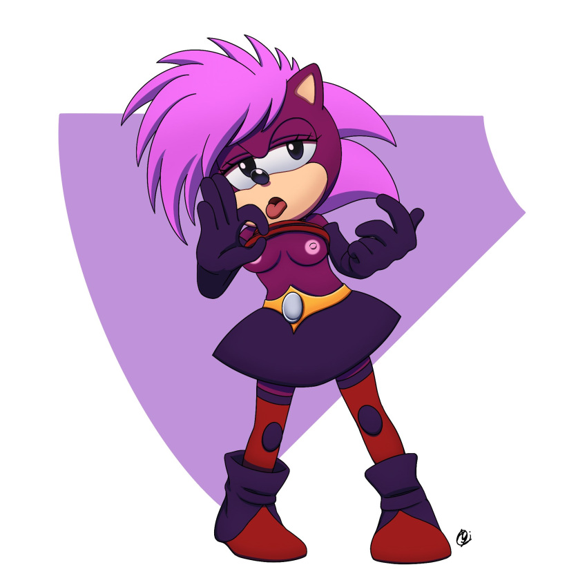 1girl anthro boots bottomwear breasts clothed clothing clothing_lift dic_entertainment female flashing flashing_breasts footwear furry gloves hair handwear hedgehog high_res humanoid innotsu legwear medium_breasts nipples pink_hair purple_body shirt shirt_lift skirt solo sonia_the_hedgehog sonic_the_hedgehog_(series) sonic_underground tongue tongue_out topwear