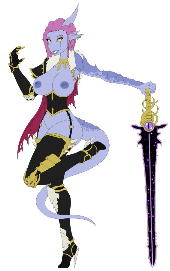 adepta_sororitas armor armored_arm armored_boots armored_female armored_gloves big_breasts blue_nipples blue_scales blue_skin bottomless cape choker corset daemon daemon_girl daemon_princess demon demon_girl demon_sword earrings elf_ears heeled_boots heeled_shoes high_heels horns huge_breasts long_ears long_hair nipple_piercing nipple_piercing nipples pierced_ears pink_hair scales slaanesh_(cult) sledge_(artist) smile sword tail topless warhammer warhammer_(franchise) warhammer_40k yellow_eyes