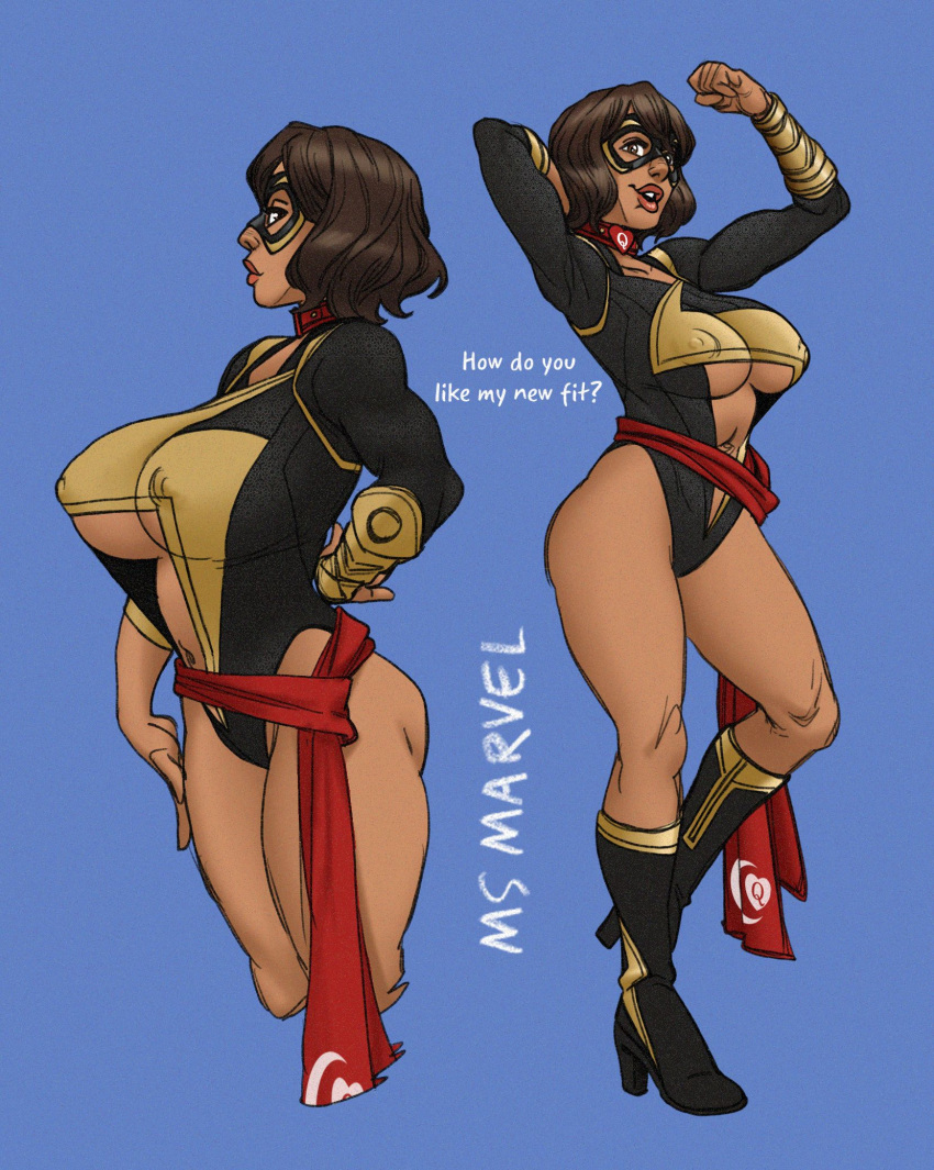 big_ass big_breasts brown_hair huge_breasts kamala_khan long_boots looking_at_viewer marvel marvel_comics ms._marvel ms._marvel_(carol_danvers)_(cosplay) nipples nipples_visible_through_clothing short_hair thick_legs