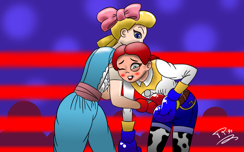 1girl 2_girls bo_peep boxing clothed disney emilyfirerose female_only jessie_(toy_story) toy_story