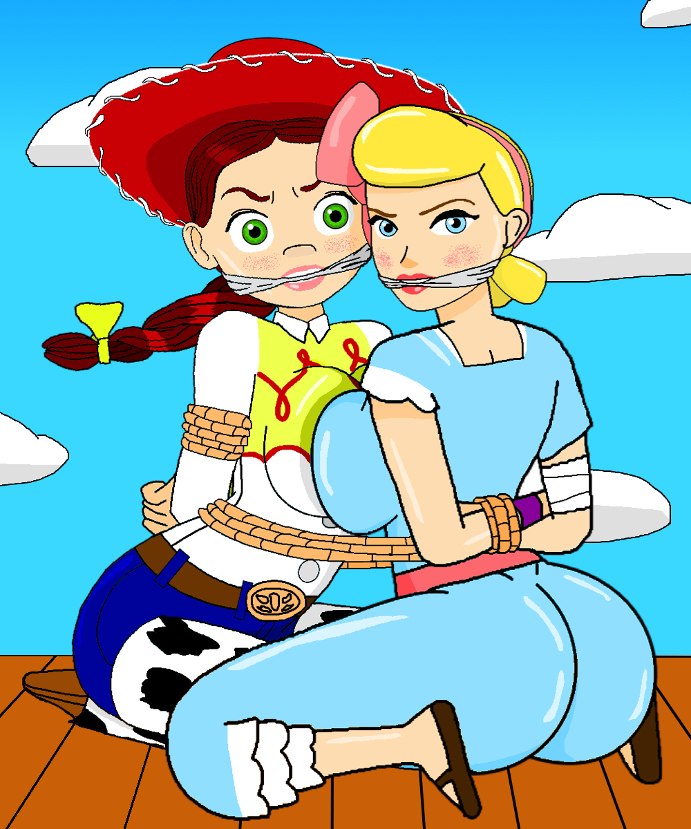 2_girls bo_peep clothed disney gag jessie_(toy_story) looking_at_viewer skyfall99 tied_up toy_story