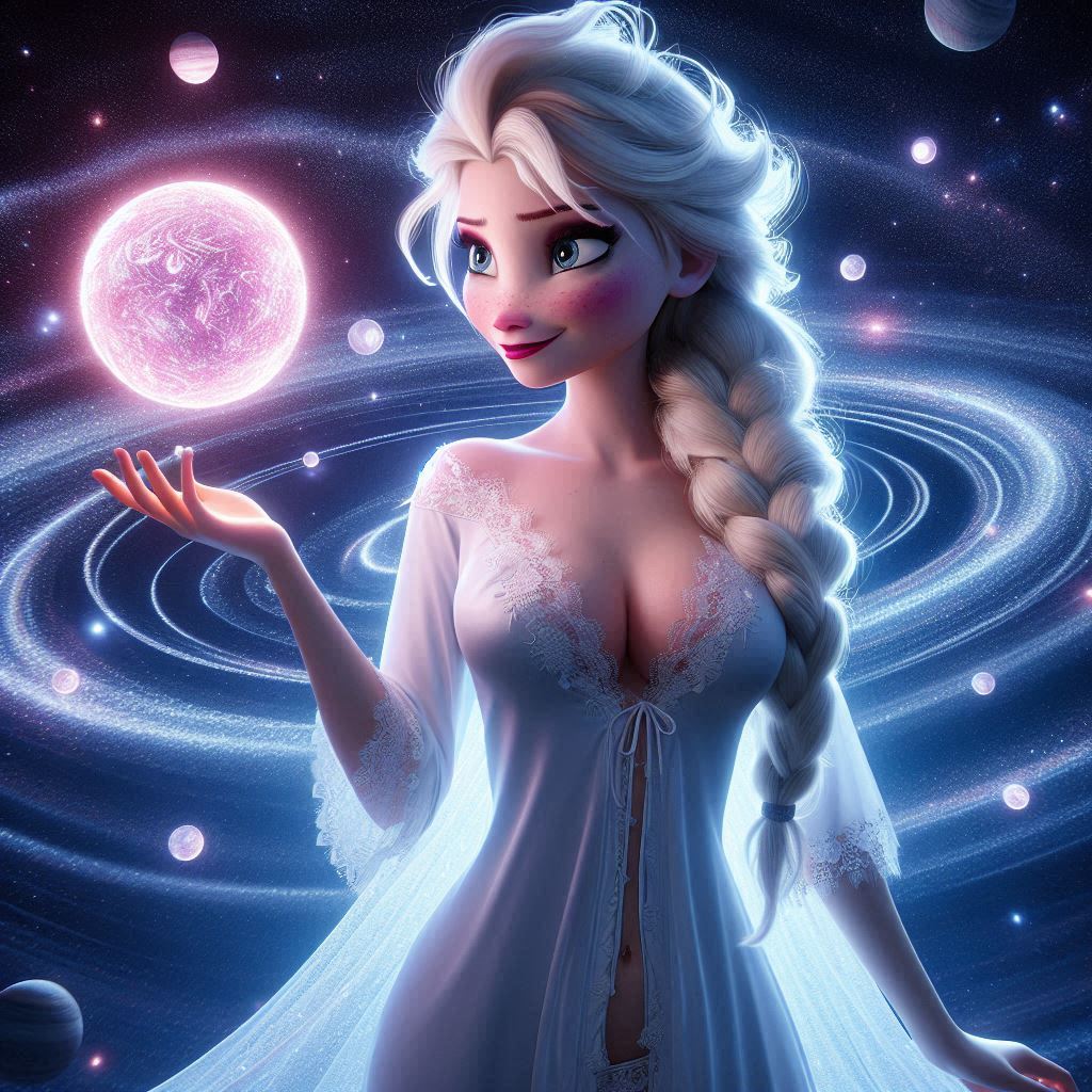 ai_generated beret big_breasts braid celestial cosmic disney earrings elsa_(frozen) eye_makeup frozen_(movie) lipstick lock locks long_dress long_hair makeup planet red_lipstick transparent_clothing white_beret white_clothing