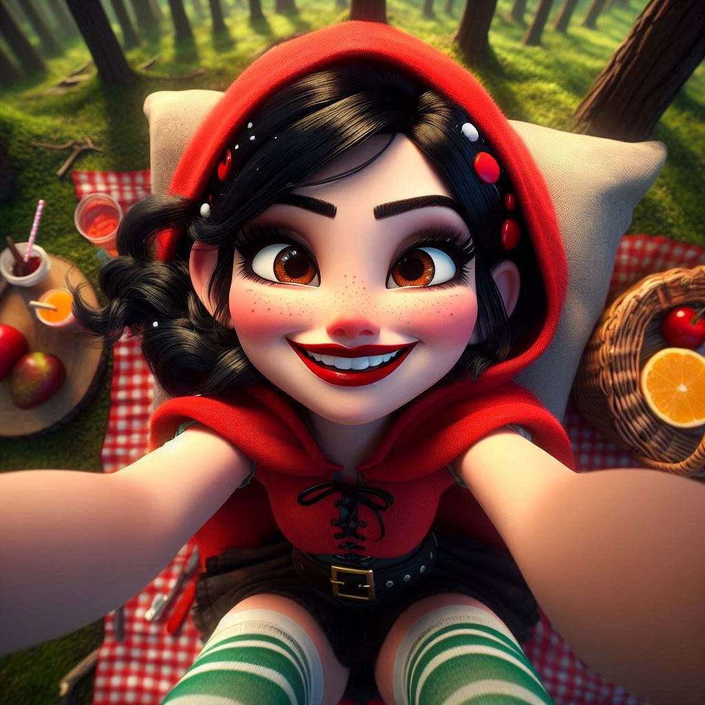 ai_generated black_hair braid brown_eyes disney freckles hood little_red_riding_hood long_hair looking_at_viewer miniskirt no_sex non-nude pixar pov pov_eye_contact ralph_breaks_the_internet red_hood red_lipstick smile smile_at_viewer smiley_face vanellope_von_schweetz wreck-it_ralph