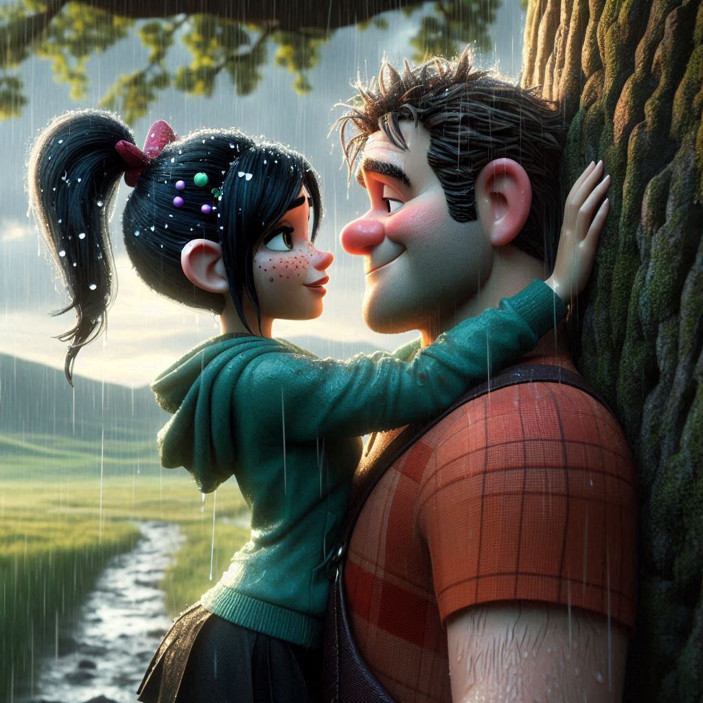 ai_generated black_hair disney face_to_face freckles green_hoodie hood hoodie long_hair ponytail rain vanellope_von_schweetz wreck-it_ralph wreck-it_ralph_(character)