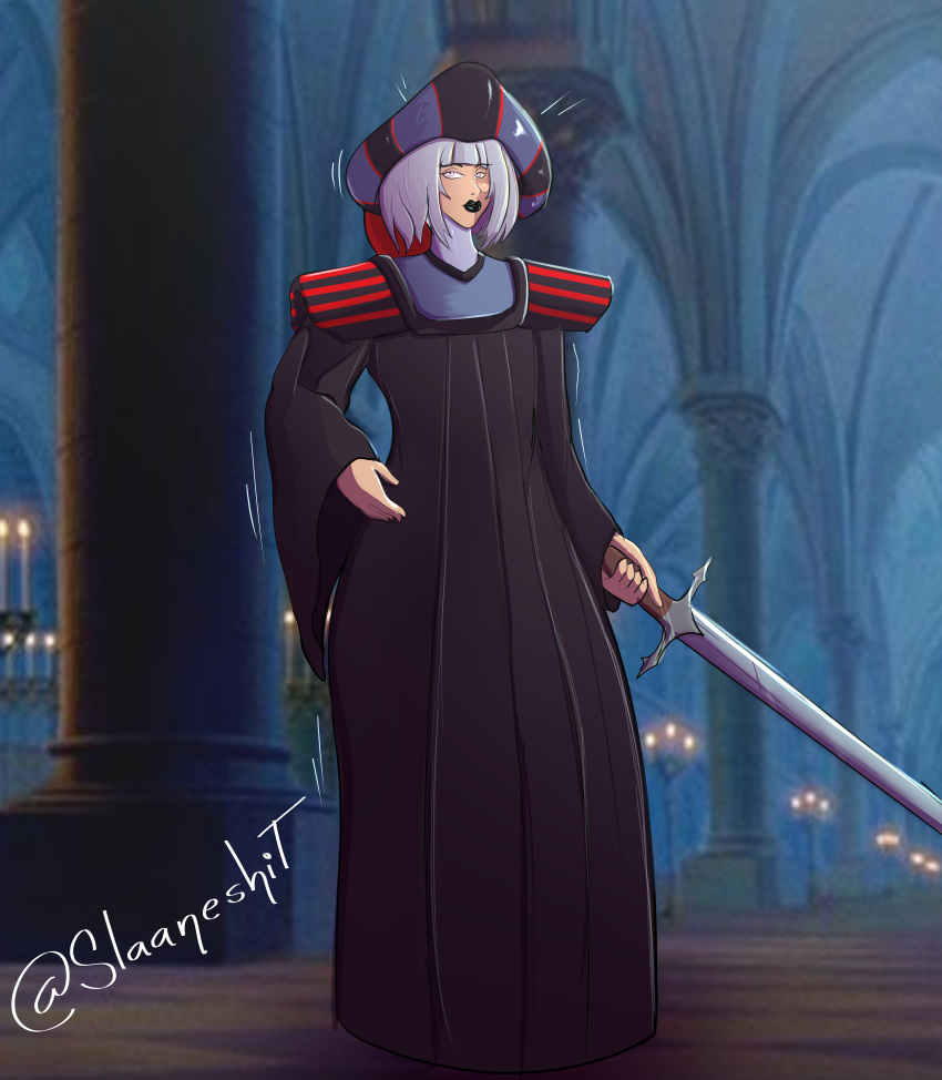 akkoo17 black_robe claude_frollo disney genderswap genderswap_(mtf) purple_hair rule_63 sword the_hunchback_of_notre_dame