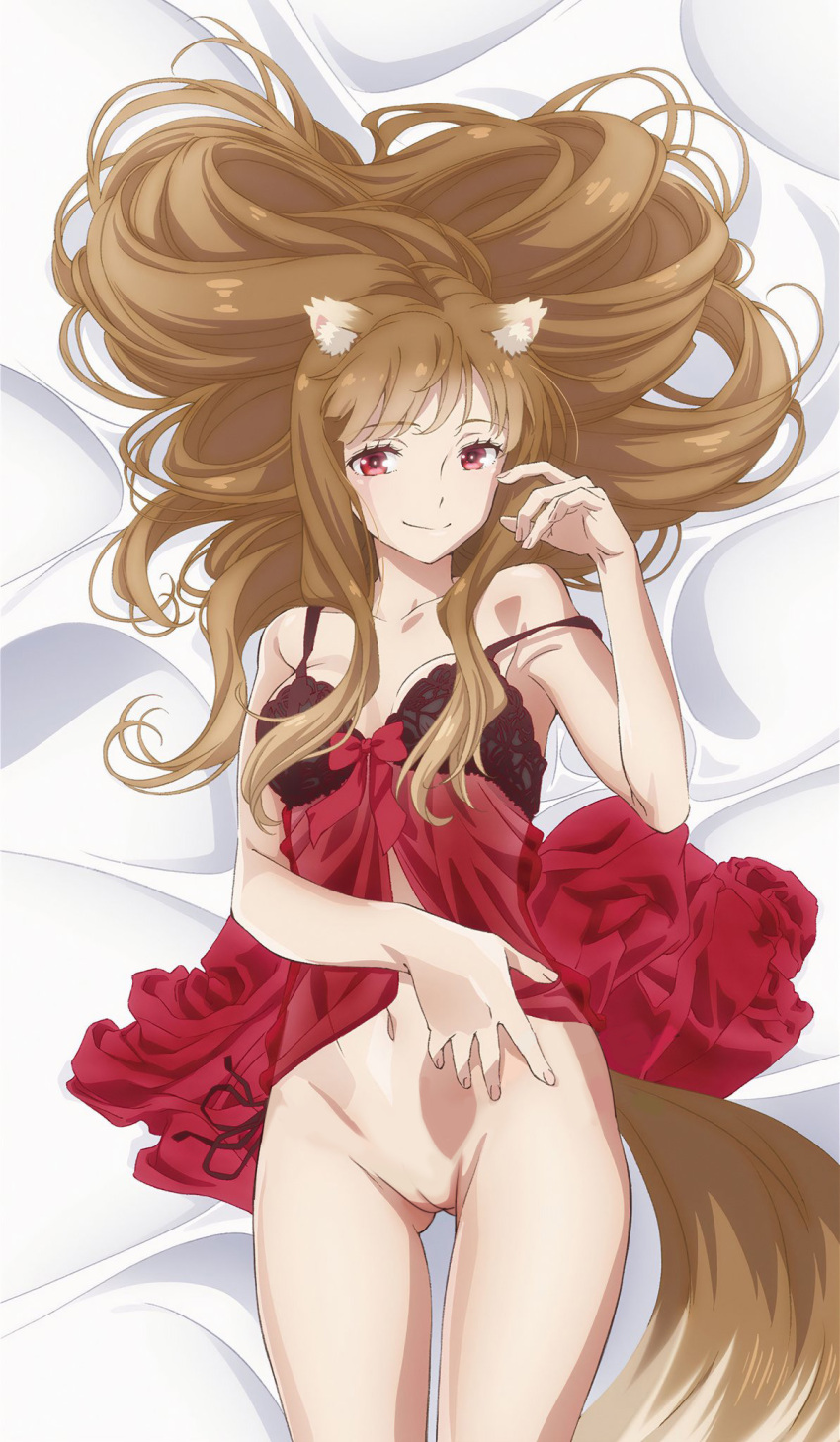 brown_hair holo long_hair looking_at_viewer nekom14 no_panties pussy red_eyes spice_and_wolf wolf_ears wolf_girl wolf_tail