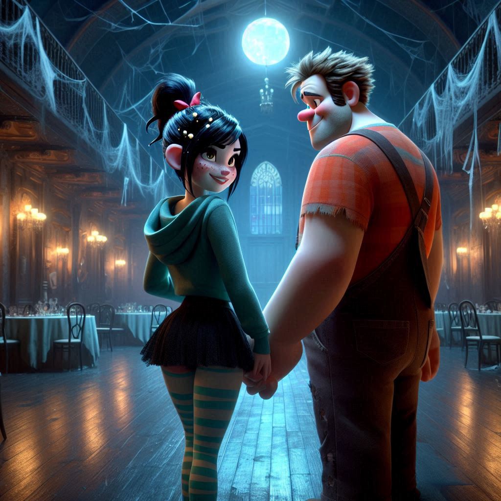 1boy 1girl ai_generated black_hair disney freckles green_hoodie holding_hands hood hoodie long_hair male miniskirt ponytail stockings striped_thighhighs vanellope_von_schweetz wreck-it_ralph wreck-it_ralph_(character)