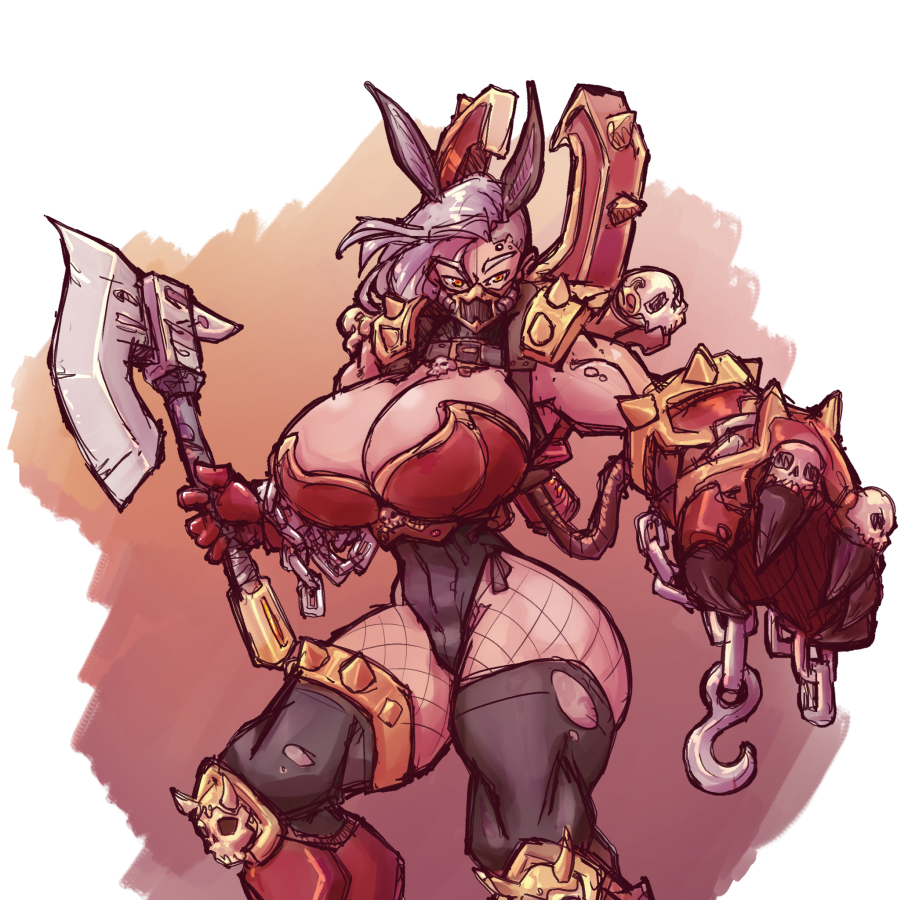 armor armored_gloves axe big_ass big_breasts bodysuit bunny_ears chains chaos_space_marine gender_bender genderswap huge_breasts khorne_(cult) red_eyes short_hair stockings warhammer warhammer_(franchise) warhammer_40k weapons white_hair