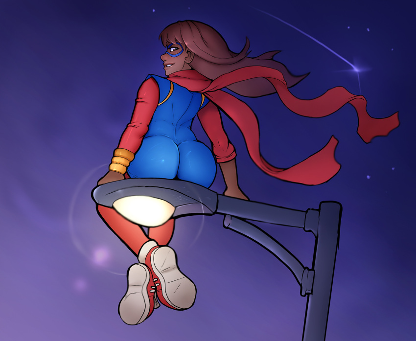 big_ass big_ass kamala_khan long_sleeves looking_at_viewer looking_back marvel marvel_comics ms._marvel night red_scarf scarf shooting_star stockings tennis