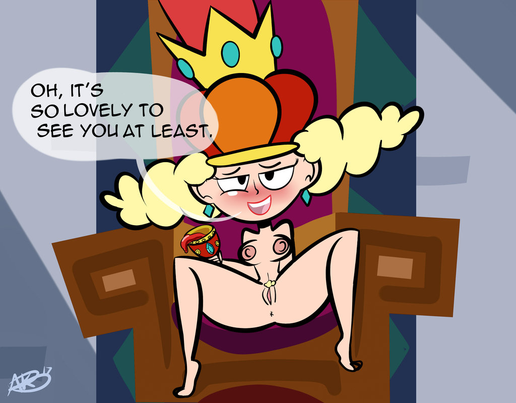 1girl 1girl atomickingboo blonde_hair crown disney disney_xd drunk earrings english_text nipples nude pubic_hair queen_delightful the_7d throne wine