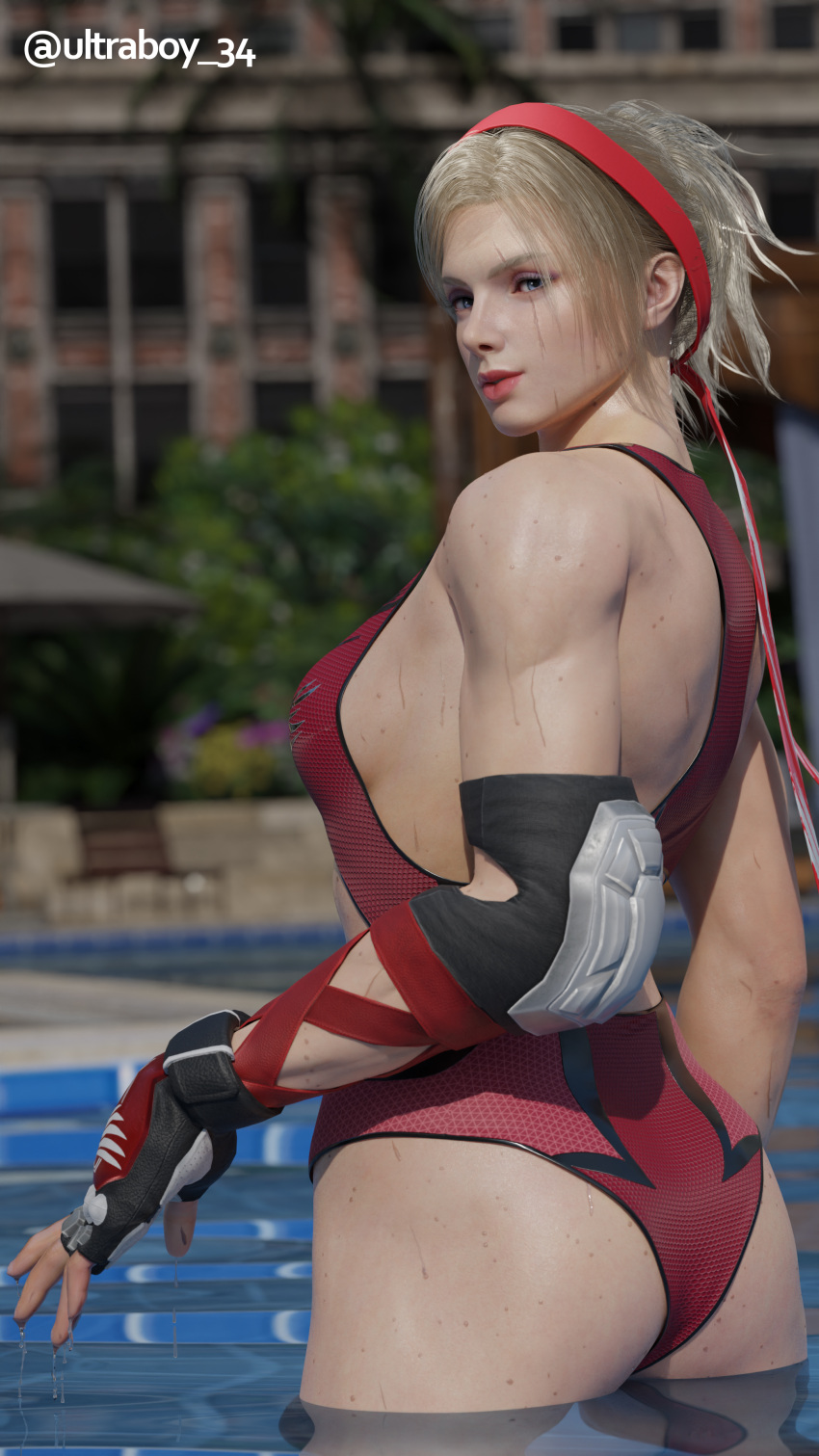 1girl alluring ass ass_focus athletic_female bikini blue_eyes fit_female lidia_sobieska namco swimming_pool tekken tekken_8 ultraboy34 wet wet_body wet_skin white_hair