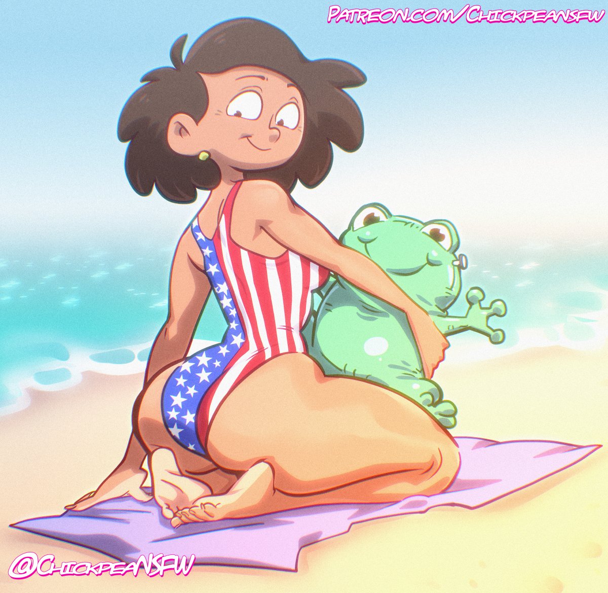 1girl 1girls 2024 4th_of_july american_flag_bikini amphibia asian_female ass ass barefoot beach big_ass big_ass brown_hair chickpea color colored dark-skinned_female digital_drawing_(artwork) earrings feet female_only frog huge_ass huge_ass kneel looking_at_viewer milf ocean oum_boonchuy plushie sfw smile soles swimsuit toes towel